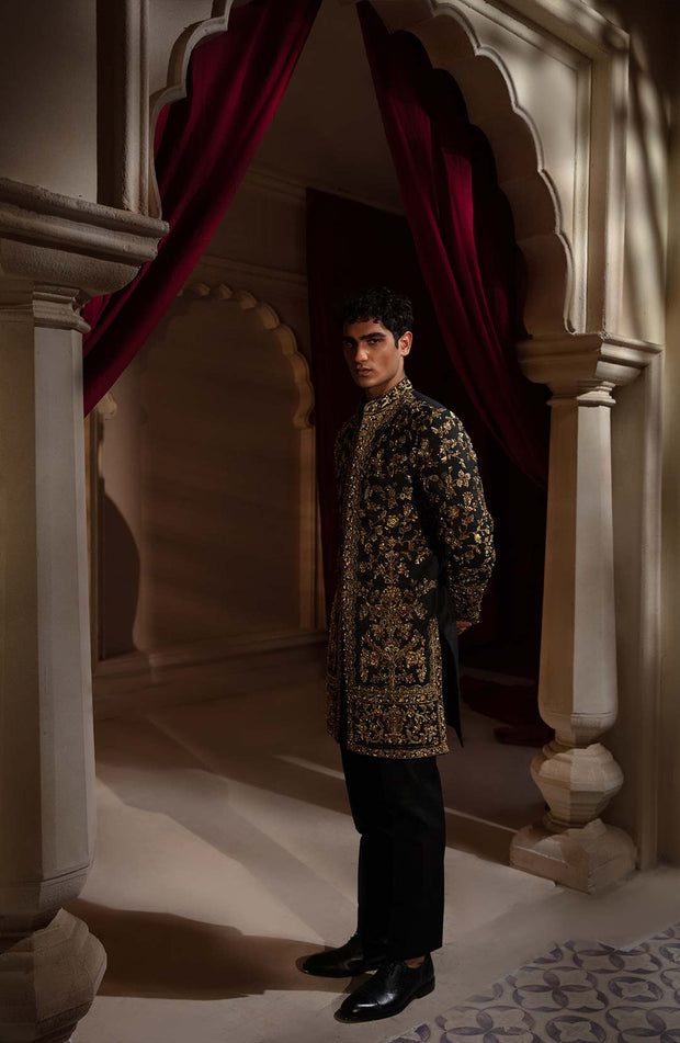 Royal Embellished Black Sherwani Style Pakistani Groom Dress