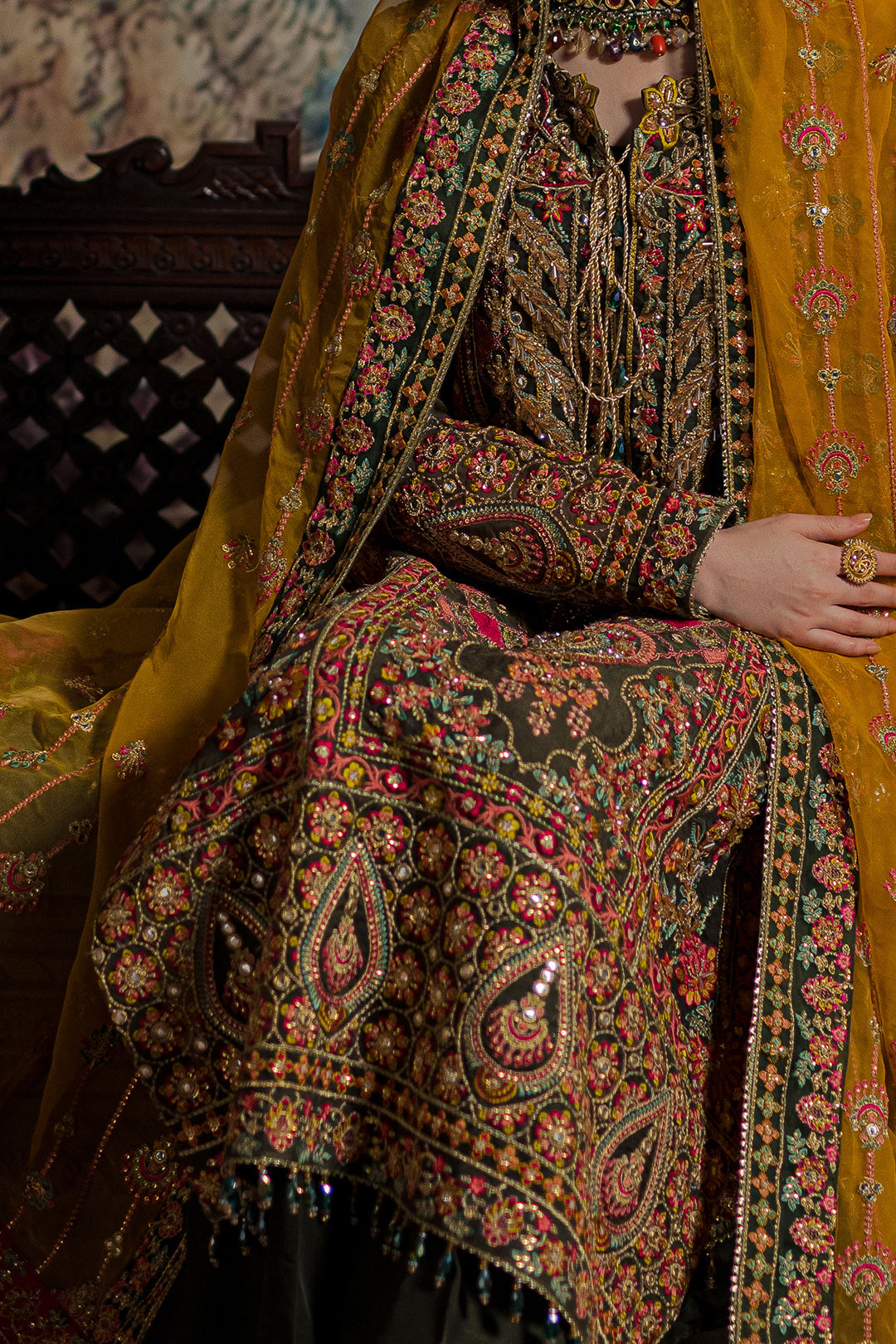 Royal Embellished Green Mehndi Dress in Kameez Trouser Style