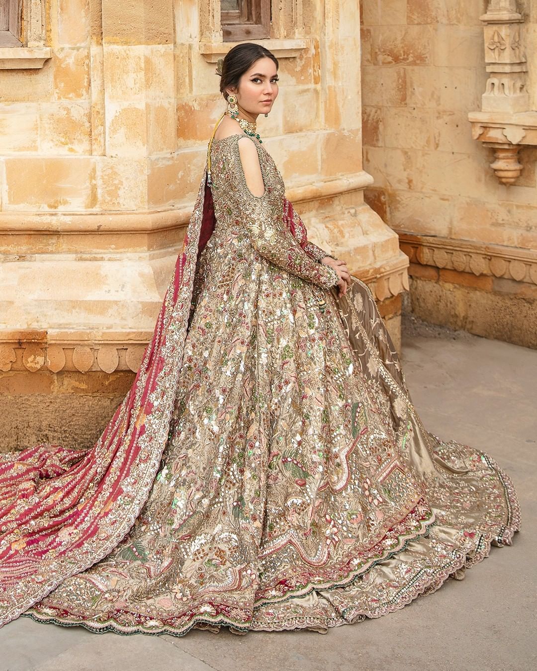 Embellished Pakistani Bridal Lehenga Gown with Dupatta