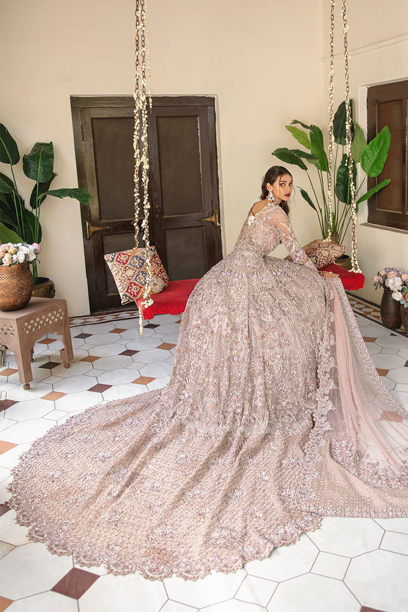 Lavender Long Tail Pakistani Bridal Dress with Elegant Dupatta