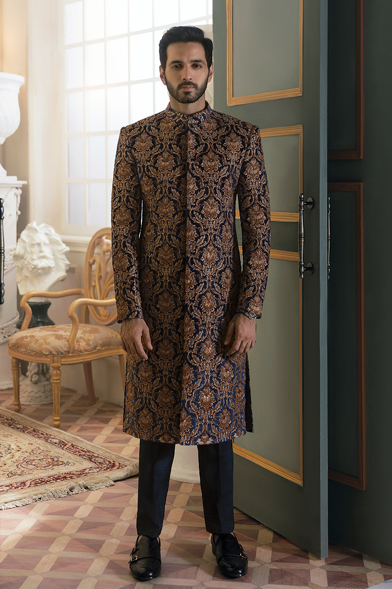 Royal Embellished Pakistani Groom Sherwani in Blue