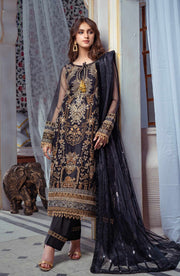Royal Embroidered Net Kameez Dupatta in Black Color