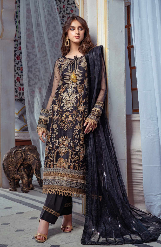 Royal Embroidered Net Kameez Dupatta in Black Color