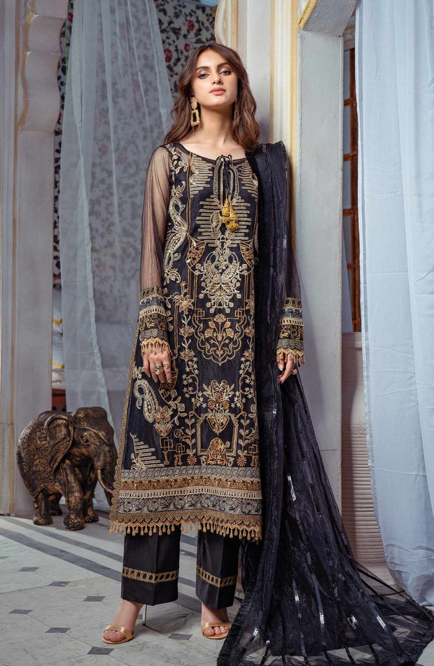 Royal Embroidered Net Kameez Dupatta in Black Color Online