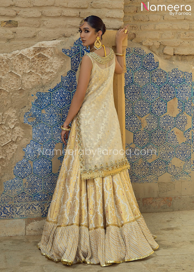 Royal Farshi Gharara and Kameez Dupatta in Ivory Gold