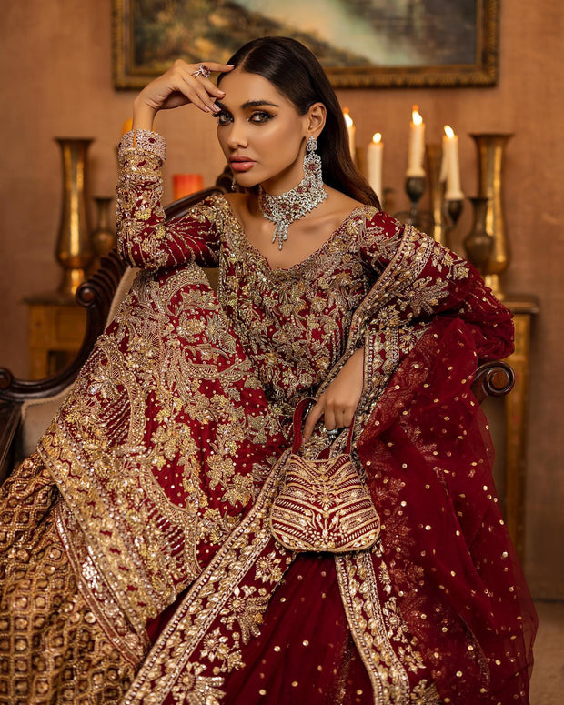 Royal Farshi Lehenga Kameez Deep Red Bridal Dress Pakistani