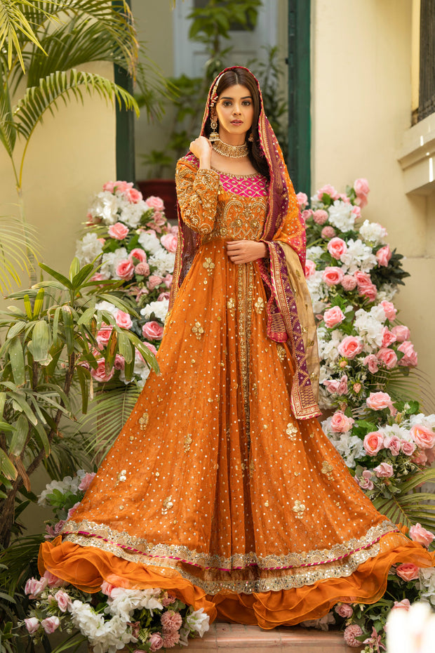 Royal Front Open Pishwas and Orange Lehenga Pakistani Bridal Dress