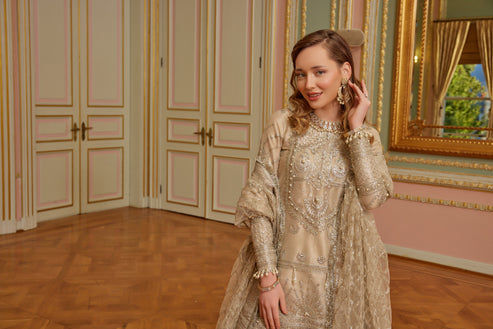 Royal Gold Pakistani Wedding Dress in Sharara Kameez Style
