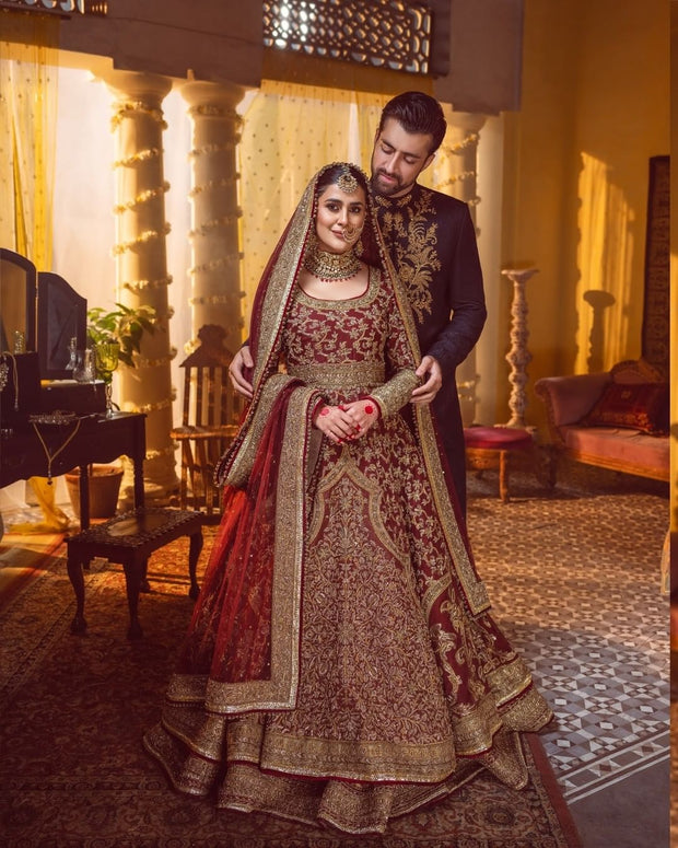 Royal Gold & Red Bridal Dress Pakistani in Lehenga Gown Style