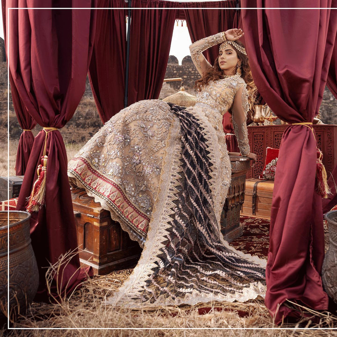 Royal Golden Bridal Dress Pakistani in Lehenga Gown Style