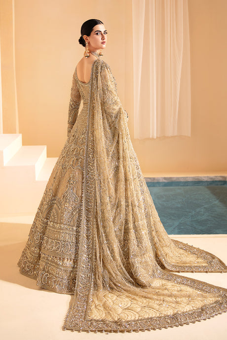 Majestic Golden Pakistan Bridal Dress with Frock & Lehenga