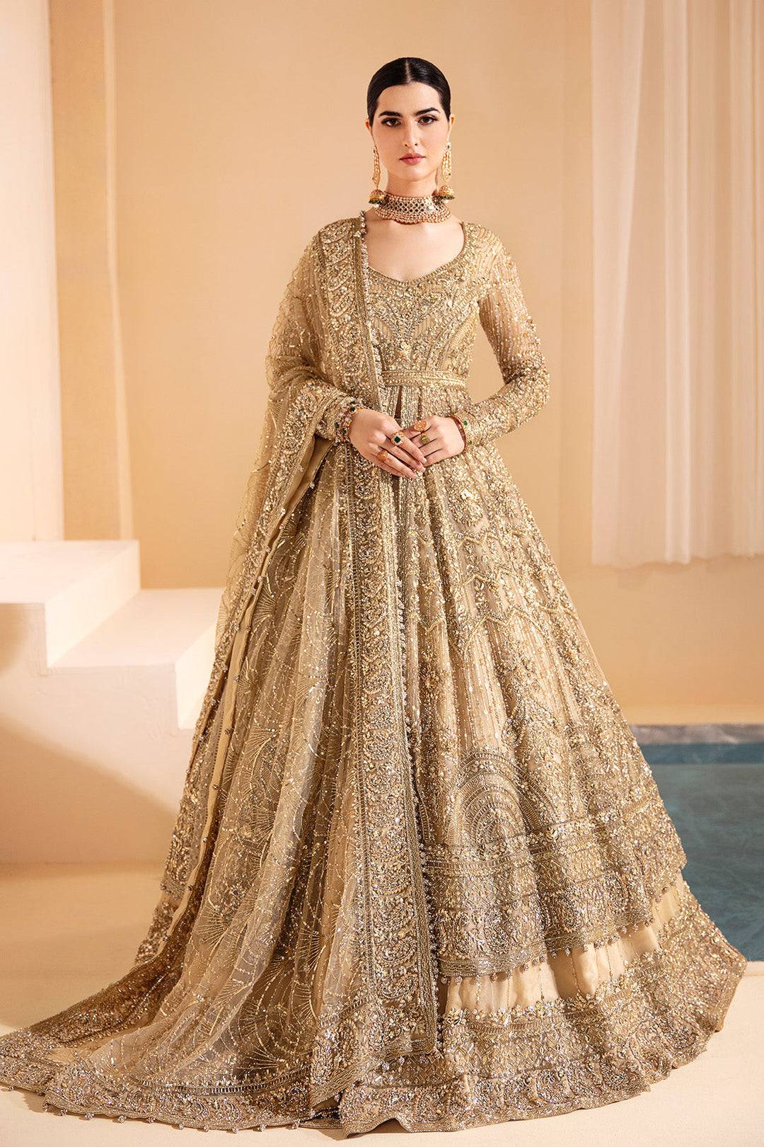 Majestic Golden Pakistan Bridal Dress with Frock & Lehenga