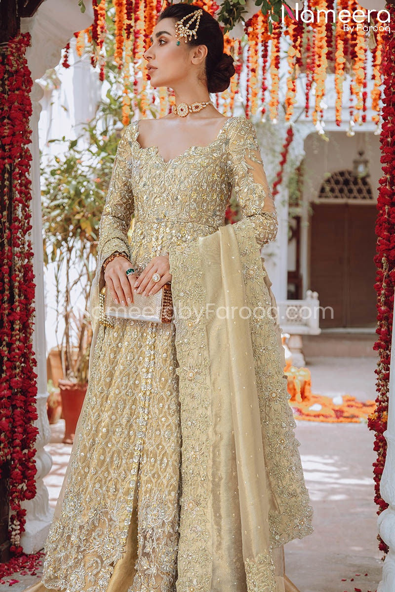 Royal Golden Bridal Lehenga with Frock Dress Pakistani