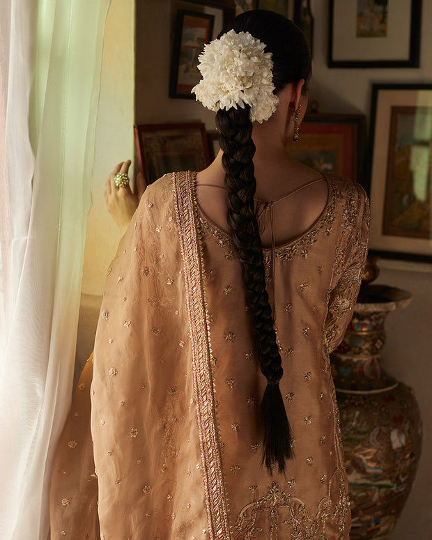 Royal Golden Pakistani Dress in Kameez Trouser Dupatta Style