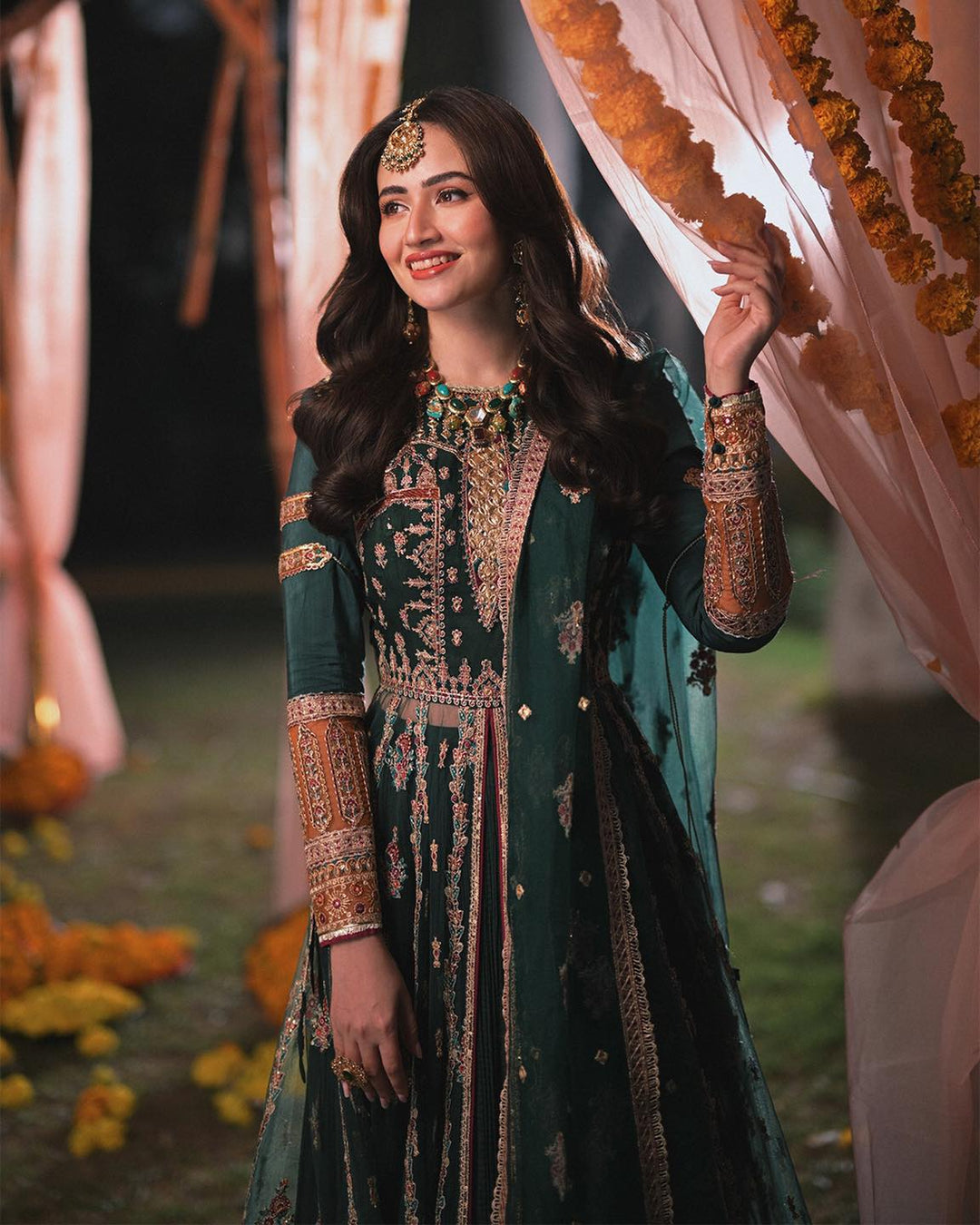 Royal Green Lehenga with Open Gown Pakistani Mehndi Dress