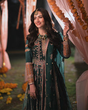 Royal Green Lehenga with Open Gown Pakistani Mehndi Dress