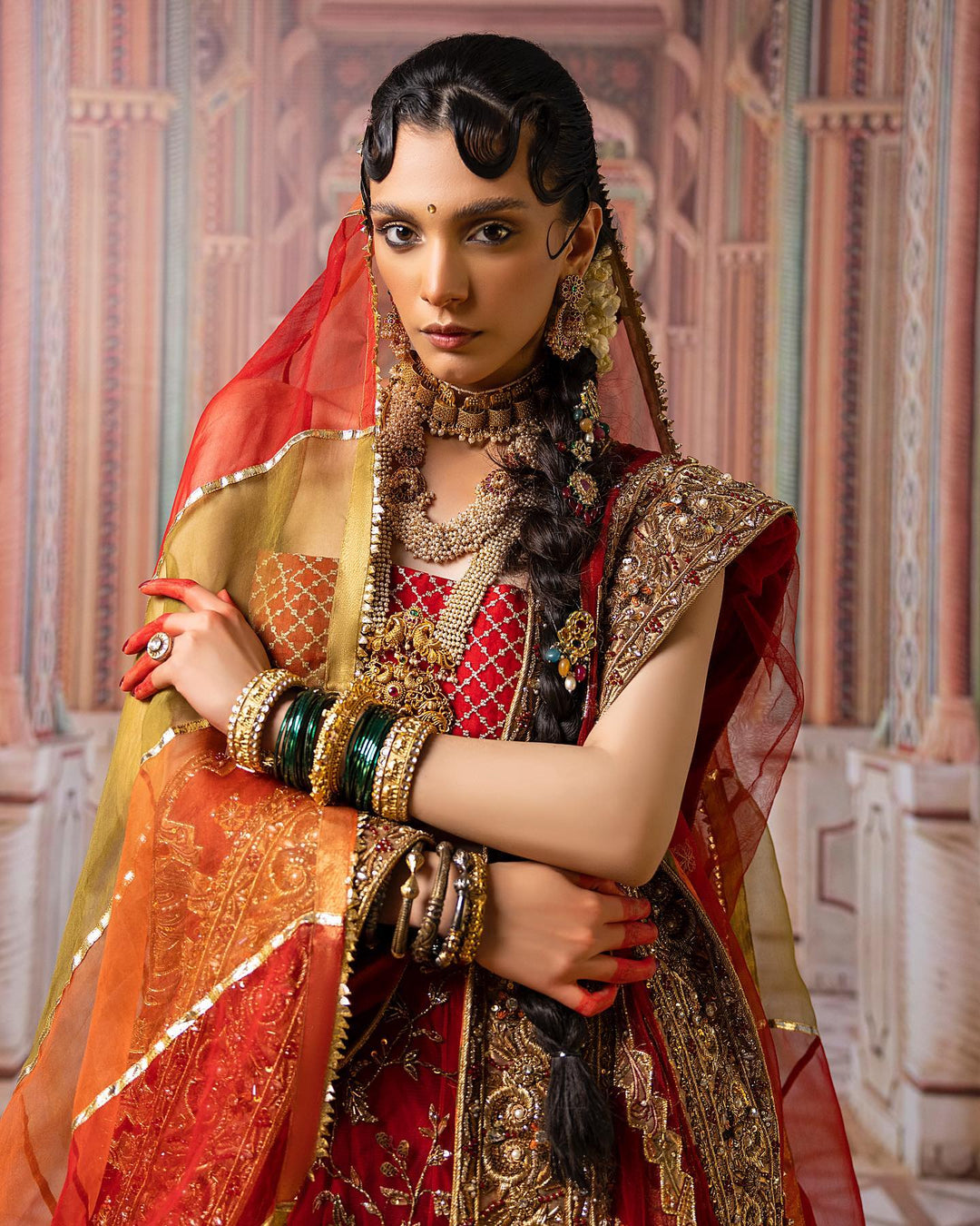 Elegant Red Pakistani Bridal Lehenga with Choli & Dupatta