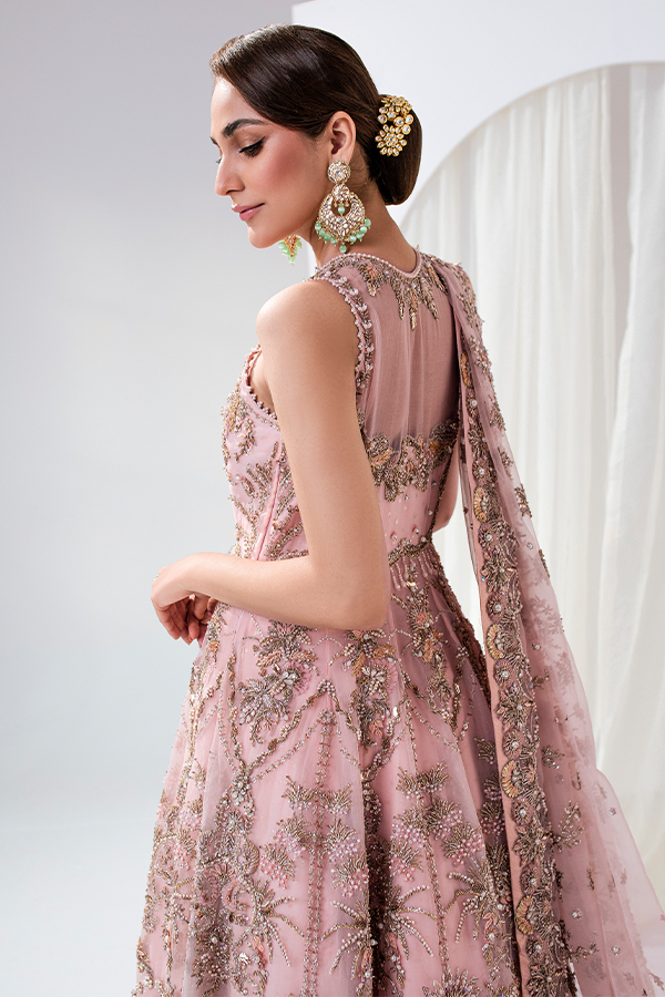 Royal Jamawar Pink Lehenga with Organza Gown and Embellished Dupatta Pakistani Bridal Dress