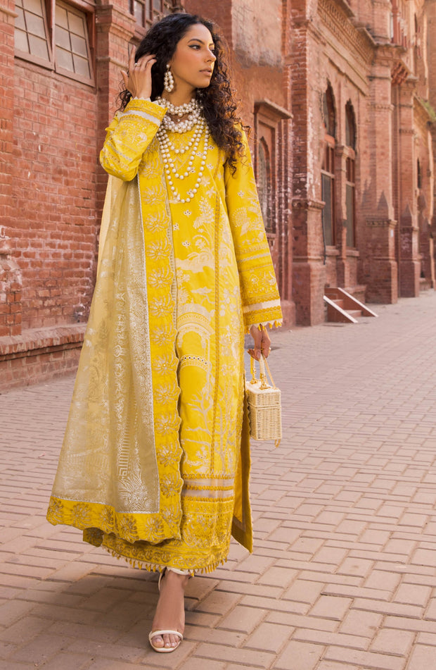 Royal Kameez Trouser Pakistani Eid Dress in Yellow Color