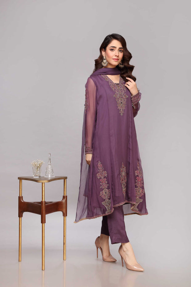 Royal Kameez Trouser and Dupatta Purple Dress Pakistani Online