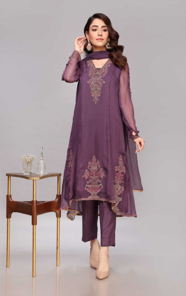 Royal Kameez Trouser and Dupatta Purple Dress Pakistani