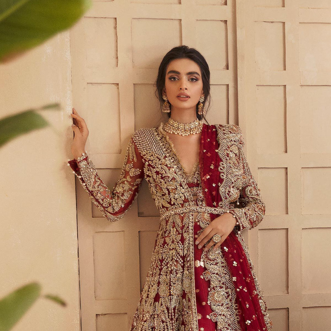 Elegant Red Pakistani Bridal Lehenga Gown Dress