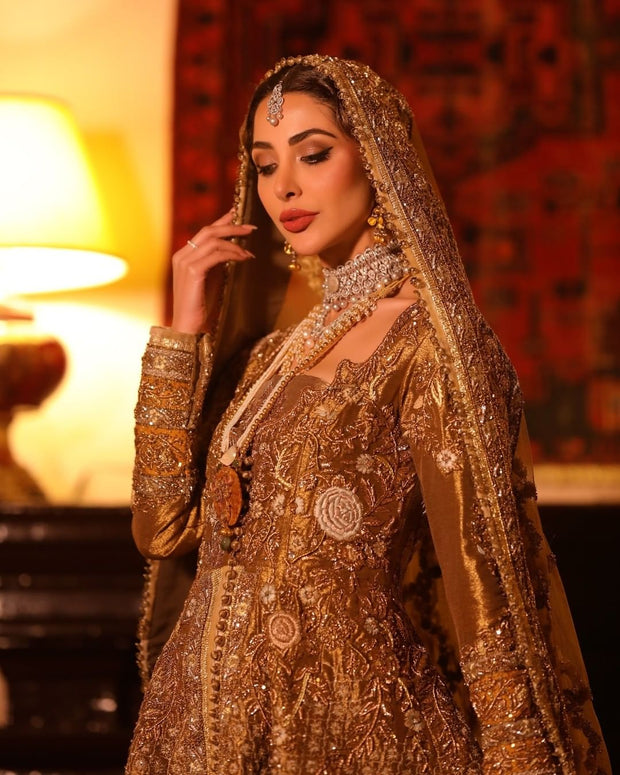 Lehenga Jacket Golden Bridal Dress Pakistani BS812