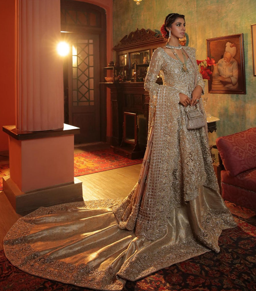 Pakistani Bridal Dress in Long Tail Gown Dupatta Style – Nameera by Farooq