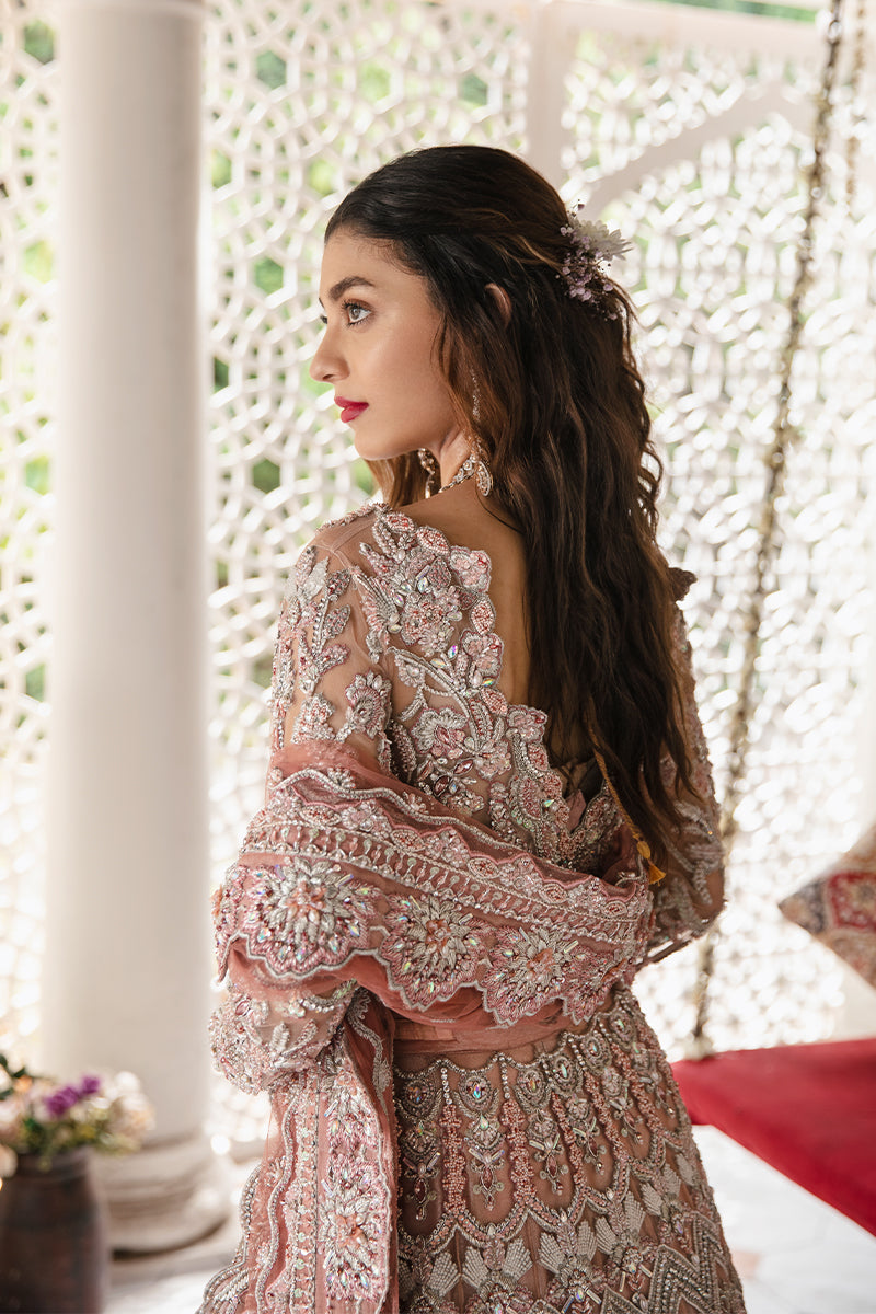 Peach Long Tail Pakistani Bridal Lehenga with Choli & Dupatta