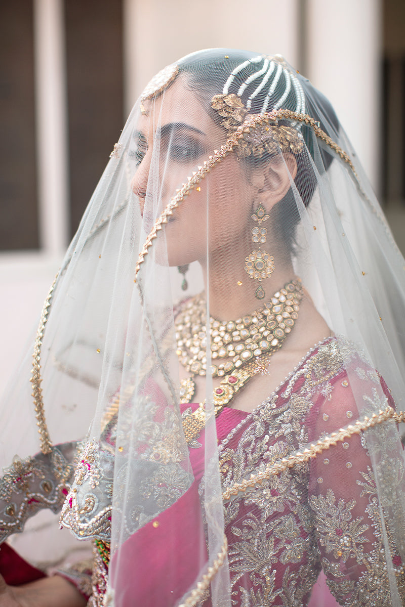 Magenta Front Open Gown with Pakistani Bridal Lehenga