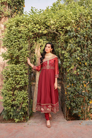 Royal Maroon Embroidered Frock Churidar Pakistani Eid Dress