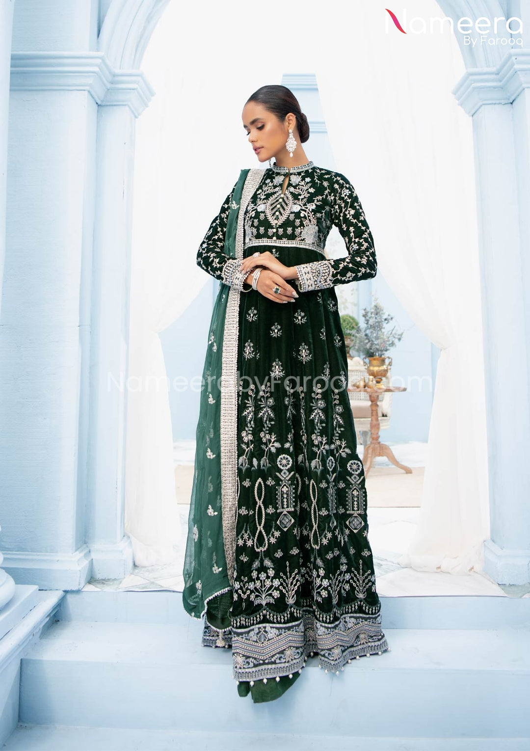 Royal Maxi Dress Pakistani in Bottle Green Shade