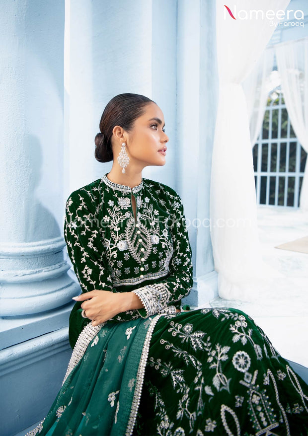 Royal Maxi Dress Pakistani in Bottle Green Shade Online – Nameera by Farooq