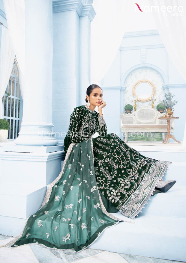 Royal Maxi Dress Pakistani in Bottle Green Shade Designer