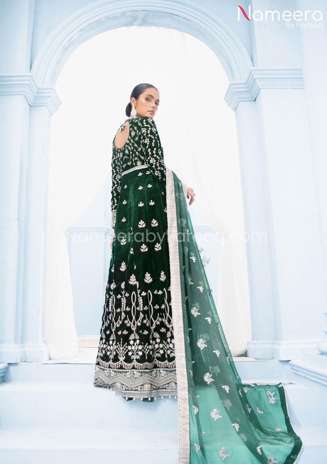 Royal Maxi Dress Pakistani in Bottle Green Shade Online CUSTOM SIZES