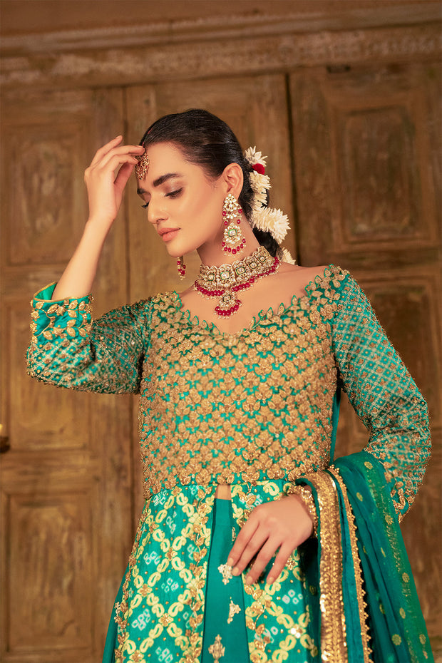 Royal Mehndi Dress in Green Lehenga and Open Kameez Style