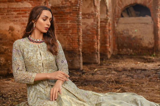 Royal Mint Green Peplum Lehenga Bridal Dress Pakistani