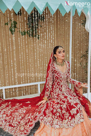Royal Net Red Kameez Lehenga Dress in Brocade Fabric