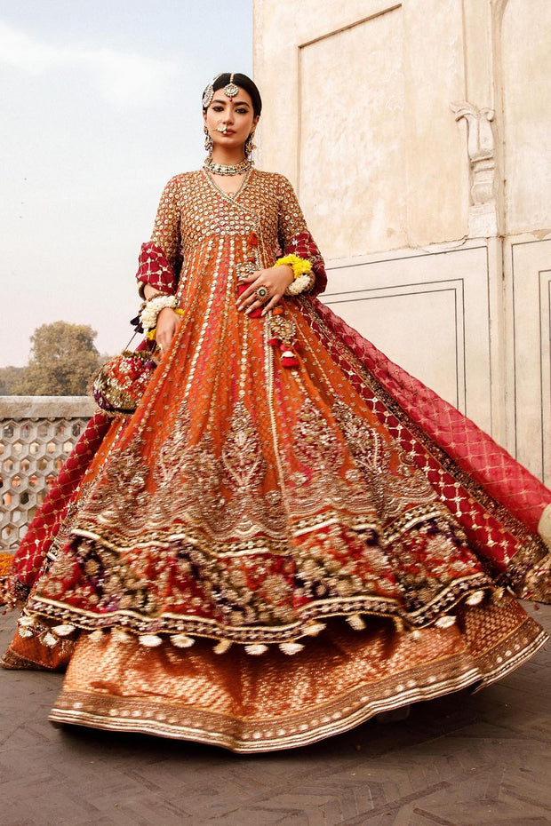 Orange Bridal Lehenga and Angrakha Frock Mehndi Dress Nameera by