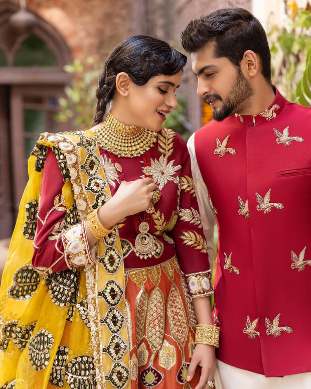 Royal Orange Lehenga and Maroon Choli Pakistani Bridal Dress