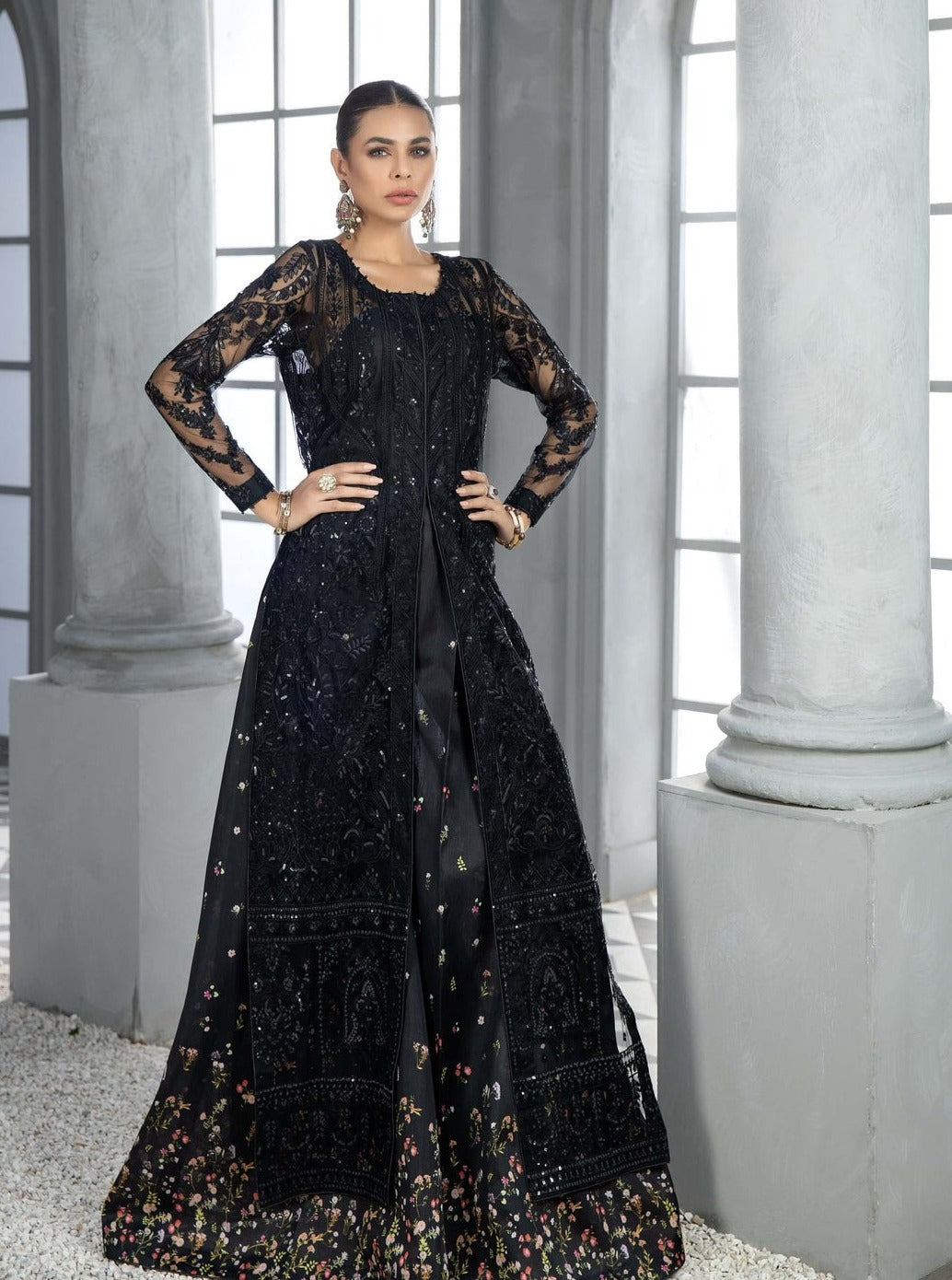 Pakistani Black Dress Design 2026.Pakistani Black Dress in Wedding Sharara Kameez Style - Nameera by Farooq