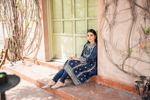 Royal Pakistani Blue Dress in Frock Trouser Style for Eid