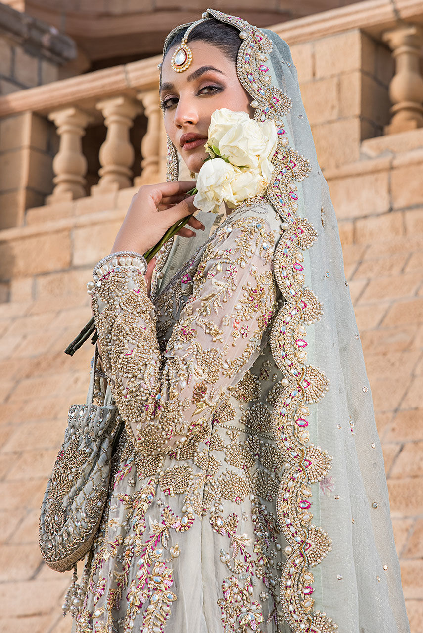 Luxurious Pakistani Bridal Lehenga Frock in Mint Blue