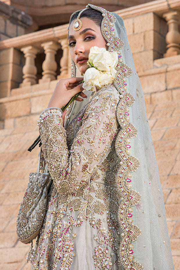 Royal Pakistani Bridal Dress in Crushed Lehenga Frock Style
