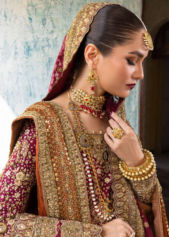 Royal Pakistani Bridal Dress in Embellished Kameez with Farshi Lehenga and Double Dupattas Style