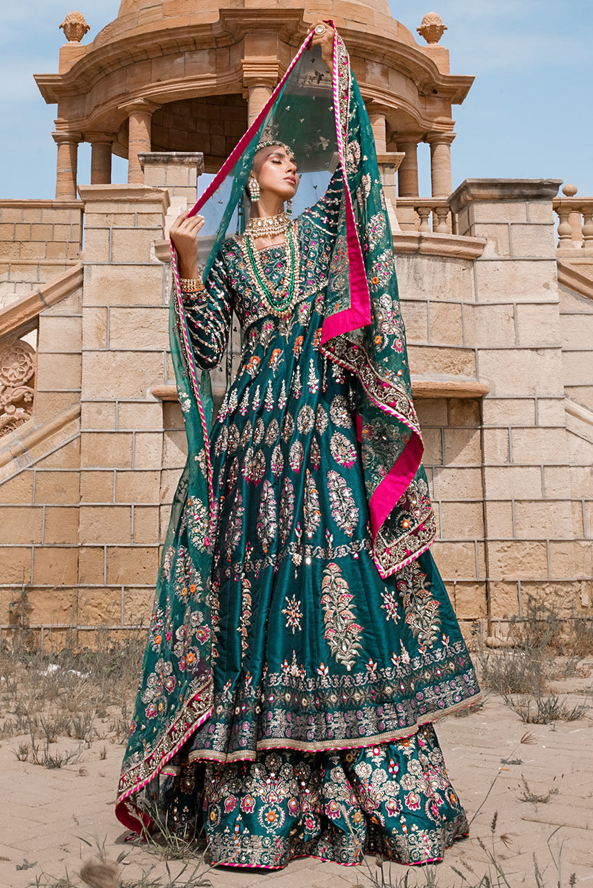 Elegant Green Pakistani Bridal Dress & Lehenga Frock Style