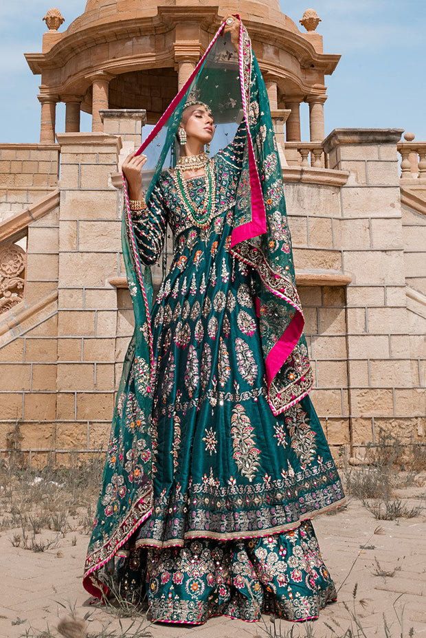 Royal Pakistani Bridal Dress in Green Lehenga Frock Style