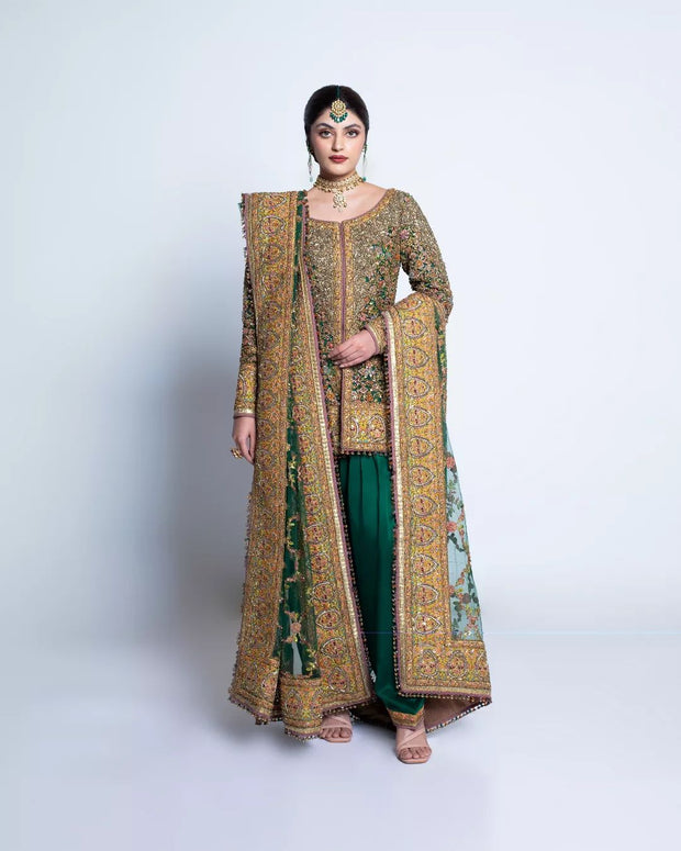 Royal Pakistani Bridal Dress in Green Lehenga and Shirt Style