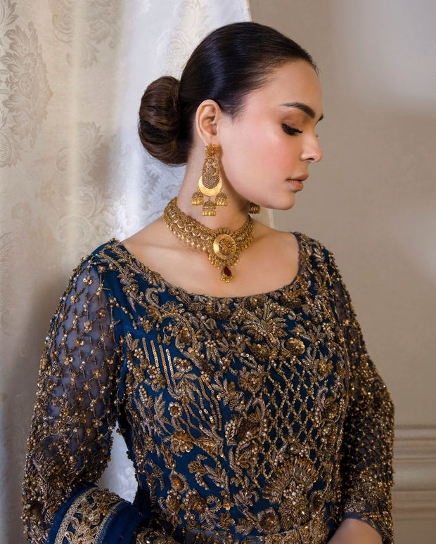 Royal Pakistani Bridal Dress in Open Frock and Lehenga Style