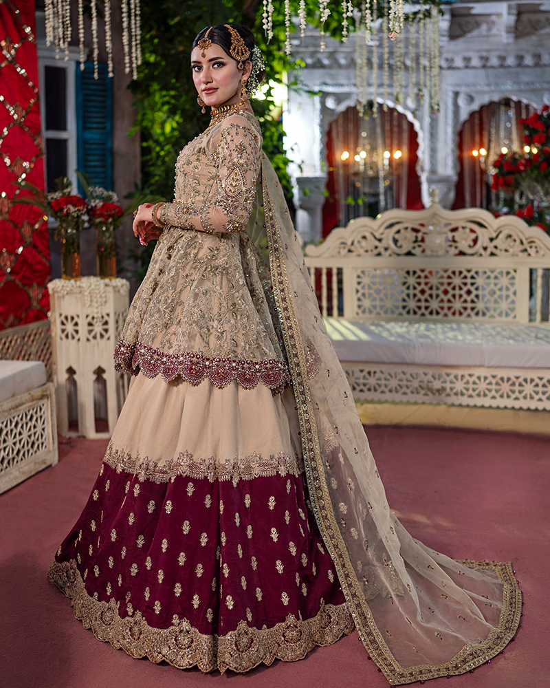 Elegant Pakistani Bridal Dress with Peplum & Lehenga